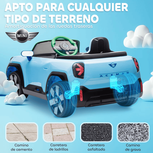 AIYAPLAY Carro Elétrico para Crianças acima de 3 Anos MINI Concept Aceman Carro a Bateria 12V com Bluetooth Controlo Remoto 2,4G Motor Duplo Suspensão Traseira Faróis Música USB 109x63x46 cm Azul