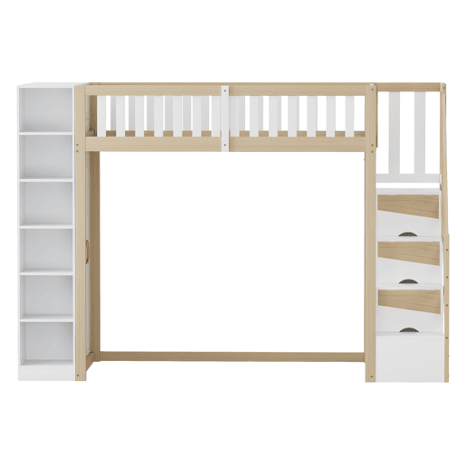 Cama alta multifuncional 90x200 cm - Com prateleiras, armário e escada de segurança - Branco + madeira natural