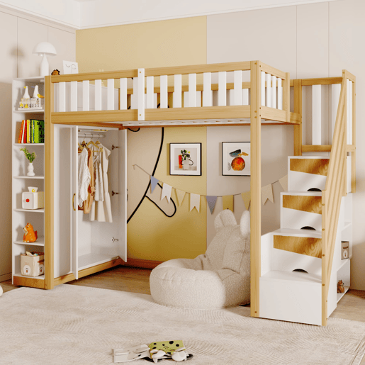 Cama alta multifuncional 90x200 cm - Com prateleiras, armário e escada de segurança - Branco + madeira natural