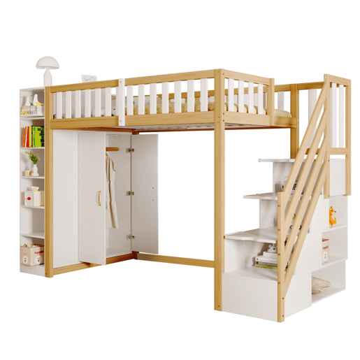 Cama alta multifuncional 90x200 cm - Com prateleiras, armário e escada de segurança - Branco + madeira natural