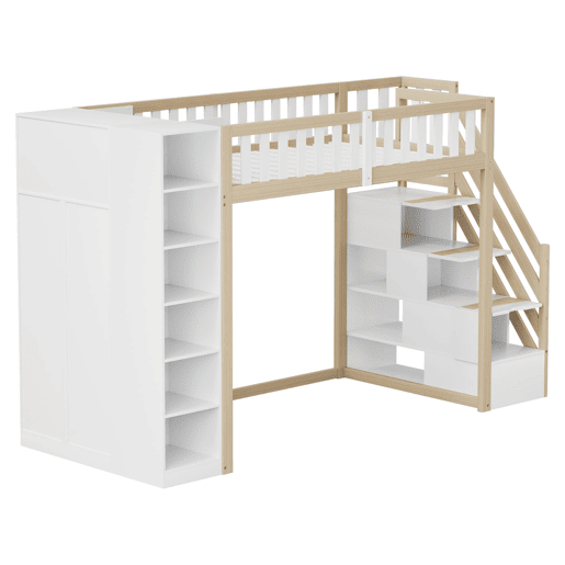 Cama alta multifuncional 90x200 cm - Com prateleiras, armário e escada de segurança - Branco + madeira natural