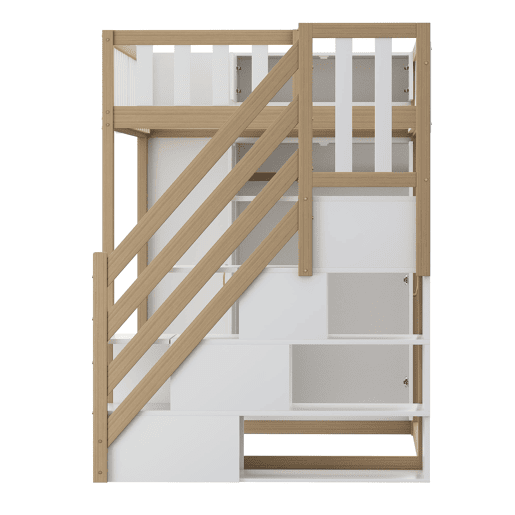 Cama alta multifuncional 90x200 cm - Com prateleiras, armário e escada de segurança - Branco + madeira natural