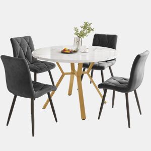 Conjunto de mesa e cadeiras de 5 peças - Mesa redonda de mármore, pernas metálicas douradas + 4 cadeiras ergonómicas de veludo cinza