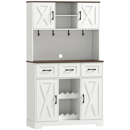 HOMCOM Amário de Cozinha Alto Móvel Auxiliar de Cozinha Suporte para 8 Garrafas 4 Portas 3 Gavetas Prateleiras Abertas Bancada Ampla 4 Ganchos Orifício para Cabos 100x38x172 cm Branco
