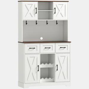 HOMCOM Amário de Cozinha Alto Móvel Auxiliar de Cozinha Suporte para 8 Garrafas 4 Portas 3 Gavetas Prateleiras Abertas Bancada Ampla 4 Ganchos Orifício para Cabos 100x38x172 cm Branco