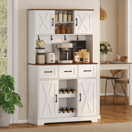 HOMCOM Amário de Cozinha Alto Móvel Auxiliar de Cozinha Suporte para 8 Garrafas 4 Portas 3 Gavetas Prateleiras Abertas Bancada Ampla 4 Ganchos Orifício para Cabos 100x38x172 cm Branco