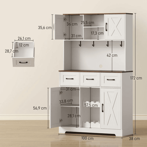 HOMCOM Amário de Cozinha Alto Móvel Auxiliar de Cozinha Suporte para 8 Garrafas 4 Portas 3 Gavetas Prateleiras Abertas Bancada Ampla 4 Ganchos Orifício para Cabos 100x38x172 cm Branco