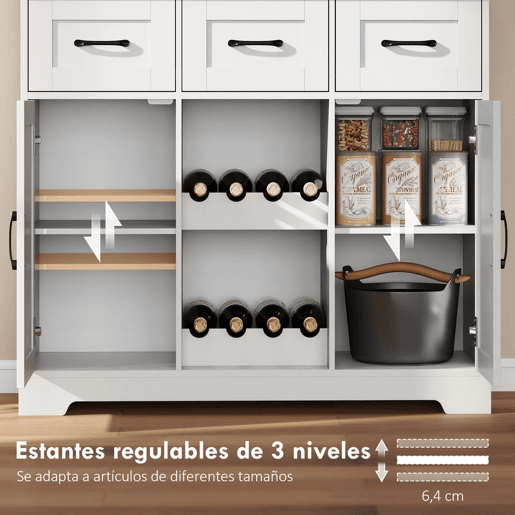 HOMCOM Amário de Cozinha Alto Móvel Auxiliar de Cozinha Suporte para 8 Garrafas 4 Portas 3 Gavetas Prateleiras Abertas Bancada Ampla 4 Ganchos Orifício para Cabos 100x38x172 cm Branco