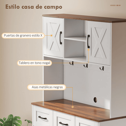 HOMCOM Amário de Cozinha Alto Móvel Auxiliar de Cozinha Suporte para 8 Garrafas 4 Portas 3 Gavetas Prateleiras Abertas Bancada Ampla 4 Ganchos Orifício para Cabos 100x38x172 cm Branco