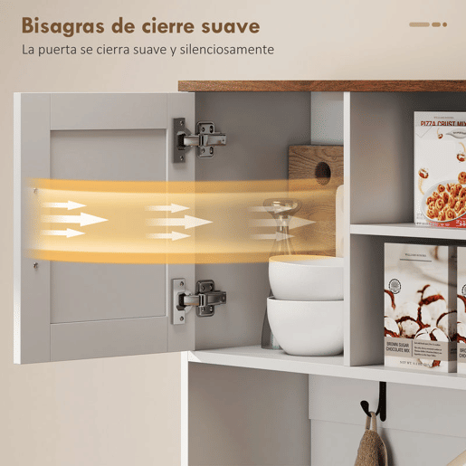 HOMCOM Amário de Cozinha Alto Móvel Auxiliar de Cozinha Suporte para 8 Garrafas 4 Portas 3 Gavetas Prateleiras Abertas Bancada Ampla 4 Ganchos Orifício para Cabos 100x38x172 cm Branco