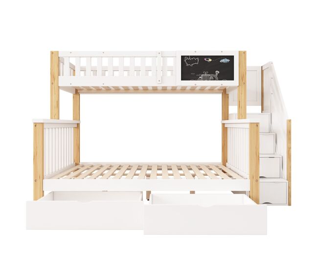 Cama litera infantil 90x200+140x200 - multifuncional con pizarra y cajones - blanco + roble claro