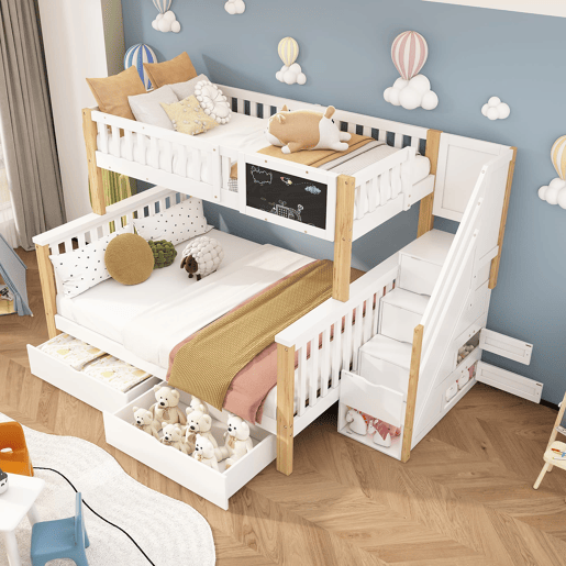 Beliche infantil 90x200+140x200 - Multifuncional com quadro negro e gavetas - Branco + Carvalho claro