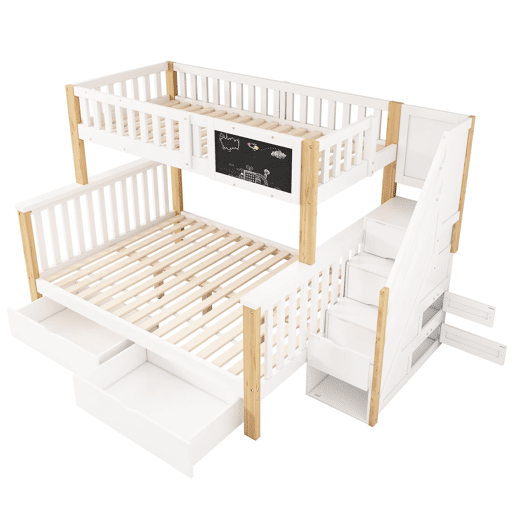 Beliche infantil 90x200+140x200 - Multifuncional com quadro negro e gavetas - Branco + Carvalho claro