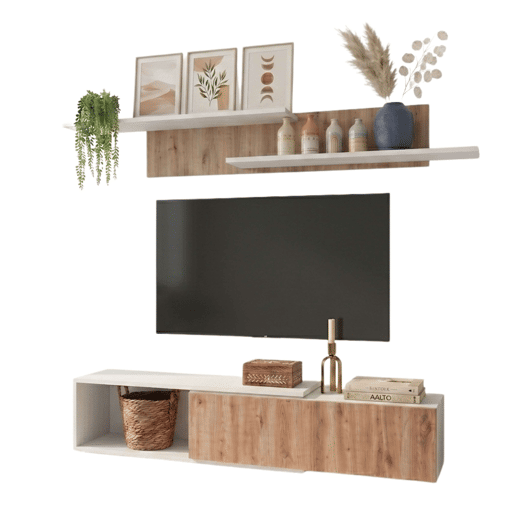Móveis para sala de estar, sala de jantar, rack para TV + prateleiras Kipi. Módulos extensíveis de 143 a 220 cm. Carvalho Cambriano e Branco.