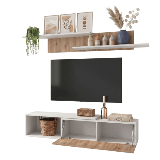 Móveis para sala de estar, sala de jantar, rack para TV + prateleiras Kipi. Módulos extensíveis de 143 a 220 cm. Carvalho Cambriano e Branco.