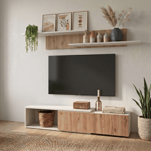 Móveis para sala de estar, sala de jantar, rack para TV + prateleiras Kipi. Módulos extensíveis de 143 a 220 cm. Carvalho Cambriano e Branco.