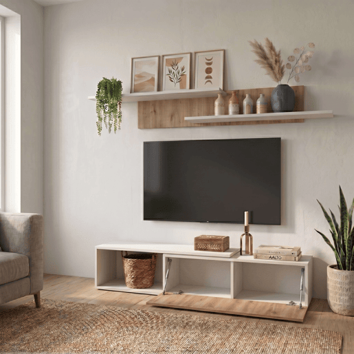 Móveis para sala de estar, sala de jantar, rack para TV + prateleiras Kipi. Módulos extensíveis de 143 a 220 cm. Carvalho Cambriano e Branco.