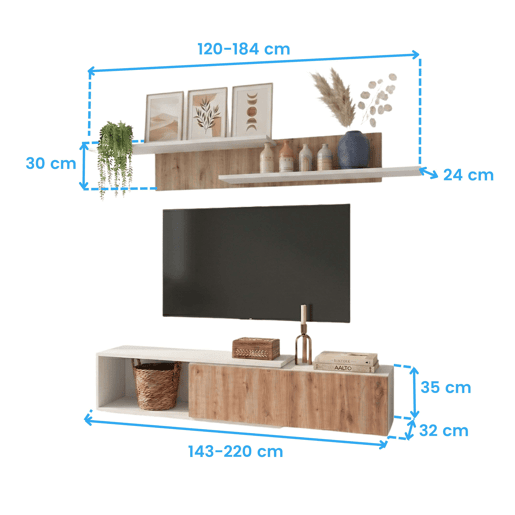 Móveis para sala de estar, sala de jantar, rack para TV + prateleiras Kipi. Módulos extensíveis de 143 a 220 cm. Carvalho Cambriano e Branco.