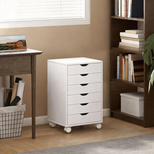 HOMCOM Bloco de Gavetas Móvel Arquivador com 6 Gavetas Suporte para Impressora com Rodas Guias Deslizantes Silenciosas para Escritório Casa 40x35x63 cm Branco