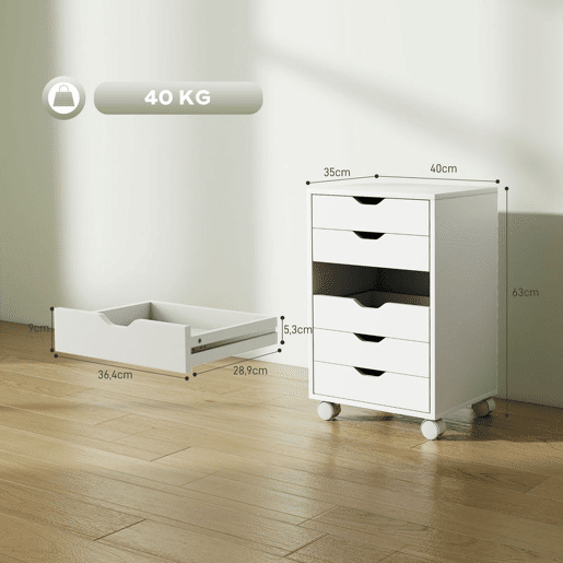 HOMCOM Bloco de Gavetas Móvel Arquivador com 6 Gavetas Suporte para Impressora com Rodas Guias Deslizantes Silenciosas para Escritório Casa 40x35x63 cm Branco