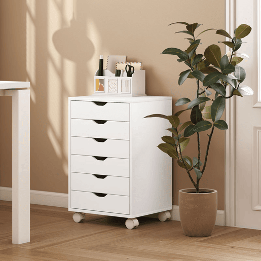 HOMCOM Bloco de Gavetas Móvel Arquivador com 6 Gavetas Suporte para Impressora com Rodas Guias Deslizantes Silenciosas para Escritório Casa 40x35x63 cm Branco