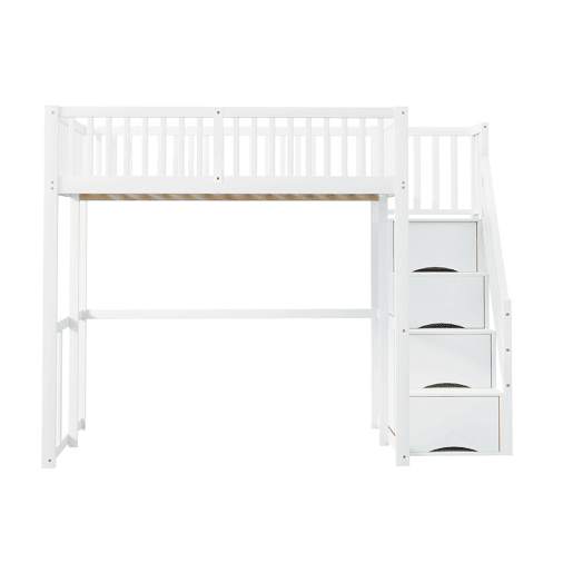 Cama alta 140x200 cm - Com escada de segurança, corrimão, estrutura em pinho maciço - Branco Cama alta 140x200 cm - Com escada de segurança, corrimão, estrutura em pinho maciço - Branco