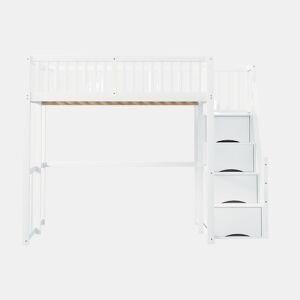 Cama alta 140x200 cm - Com escada de segurança, corrimão, estrutura em pinho maciço - Branco
