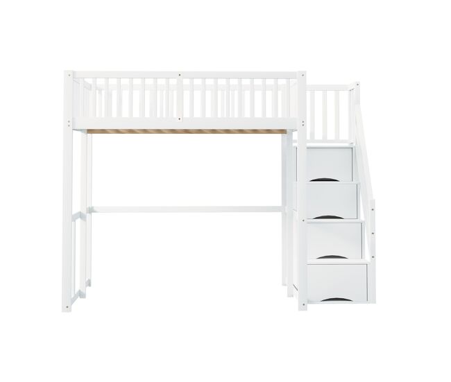 Cama alta 140x200 cm - con escalera de seguridad, barandilla, estructura de pino macizo - blanco