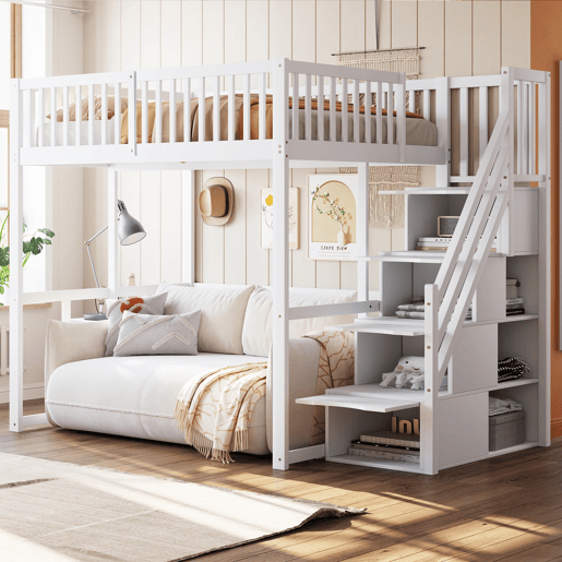 Cama alta 140x200 cm - Com escada de segurança, corrimão, estrutura em pinho maciço - Branco Cama alta 140x200 cm - Com escada de segurança, corrimão, estrutura em pinho maciço - Branco