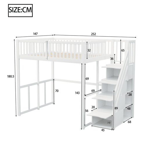 Cama alta 140x200 cm - Com escada de segurança, corrimão, estrutura em pinho maciço - Branco Cama alta 140x200 cm - Com escada de segurança, corrimão, estrutura em pinho maciço - Branco