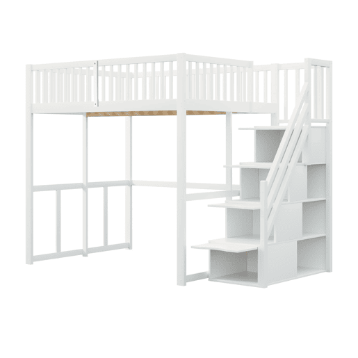 Cama alta 140x200 cm - Com escada de segurança, corrimão, estrutura em pinho maciço - Branco Cama alta 140x200 cm - Com escada de segurança, corrimão, estrutura em pinho maciço - Branco