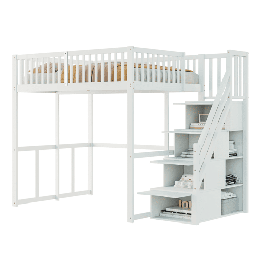 Cama alta 140x200 cm - Com escada de segurança, corrimão, estrutura em pinho maciço - Branco Cama alta 140x200 cm - Com escada de segurança, corrimão, estrutura em pinho maciço - Branco