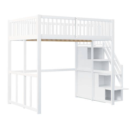 Cama alta 140x200 cm - Com escada de segurança, corrimão, estrutura em pinho maciço - Branco Cama alta 140x200 cm - Com escada de segurança, corrimão, estrutura em pinho maciço - Branco