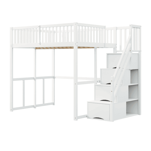 Cama alta 140x200 cm - Com escada de segurança, corrimão, estrutura em pinho maciço - Branco Cama alta 140x200 cm - Com escada de segurança, corrimão, estrutura em pinho maciço - Branco