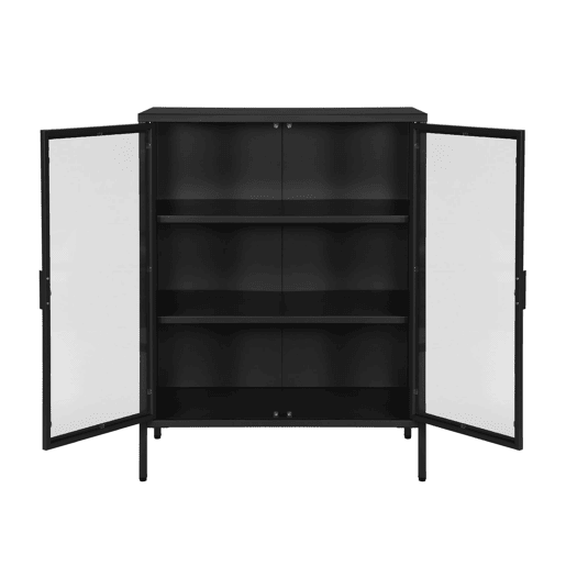 Aparador vitrine de aço e vidro temperado com 2 portas, 102cm, Arkansas, Preto, 80x35x102 cm