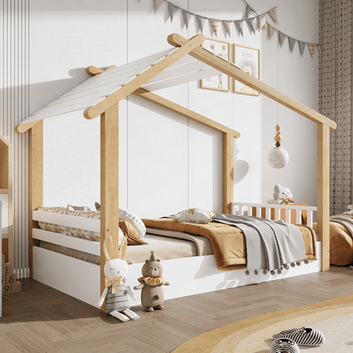 Cama infantil 90x190cm - Design de casa de madeira, ripas estáveis, cor branca+natural