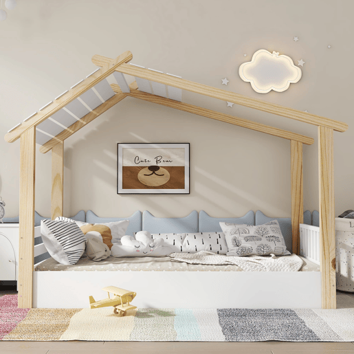 Cama infantil 90x190cm - Design de casa de madeira, ripas estáveis, cor branca+natural