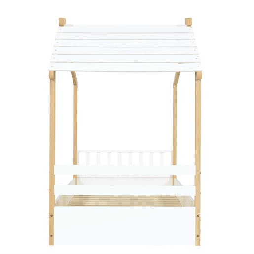 Cama infantil 90x190cm - Design de casa de madeira, ripas estáveis, cor branca+natural