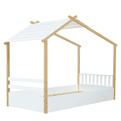 Cama infantil 90x190cm - Design de casa de madeira, ripas estáveis, cor branca+natural