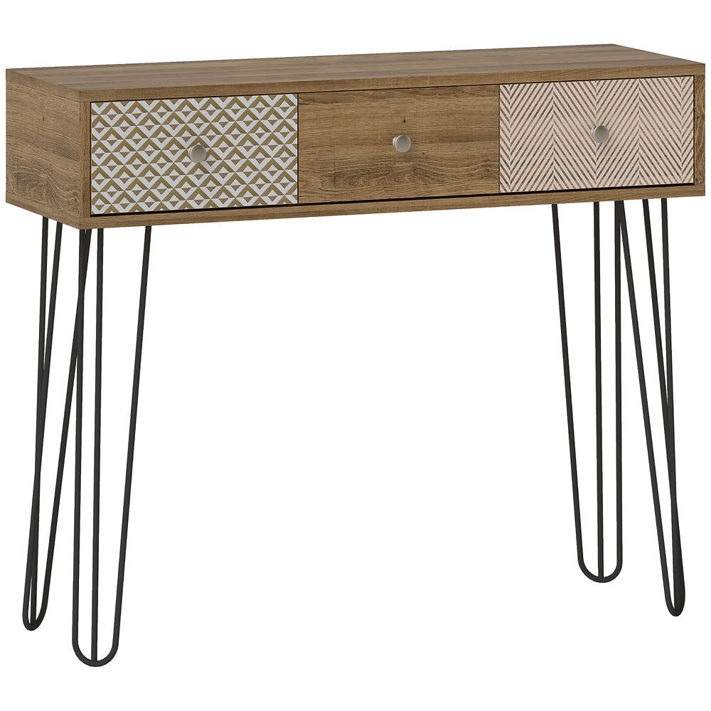 Homcom mesa de consola, mesa de sofá con 3 cajones, consola para recibidor estrecha con patas de acero tipo horquilla, para salón, pasillo, entrada,