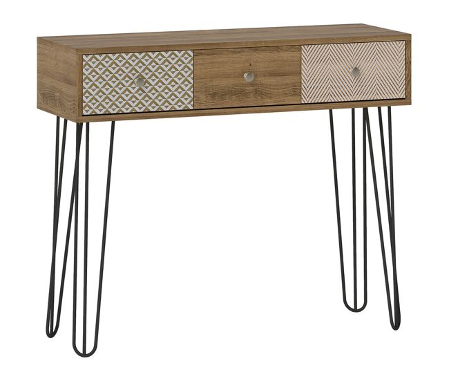 Homcom mesa de consola, mesa de sofá con 3 cajones, consola para recibidor estrecha con patas de acero tipo horquilla, para salón, pasillo, entrada,