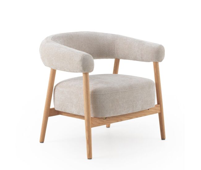 Sillón de madera de roble natural tapizado en blanco