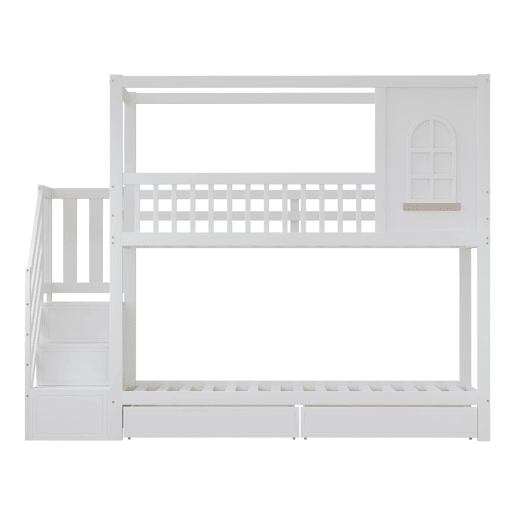 Beliche 90x200 cm - Estrutura em madeira maciça, design de casa com janelas, com gavetas e escada de segurança - Branco