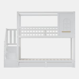 Beliche 90x200 cm - Estrutura em madeira maciça, design de casa com janelas, com gavetas e escada de segurança - Branco