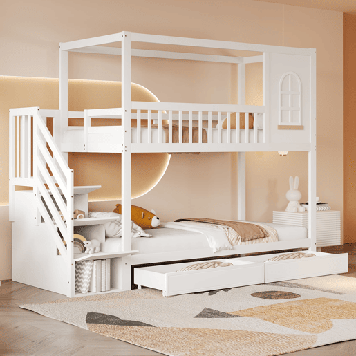 Beliche 90x200 cm - Estrutura em madeira maciça, design de casa com janelas, com gavetas e escada de segurança - Branco
