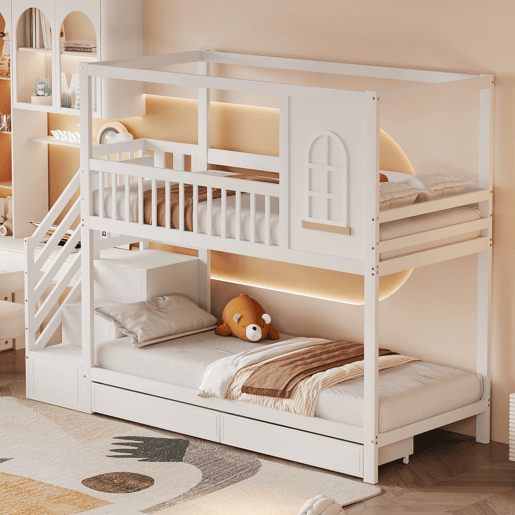 Beliche 90x200 cm - Estrutura em madeira maciça, design de casa com janelas, com gavetas e escada de segurança - Branco
