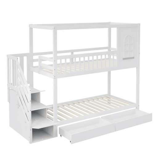 Beliche 90x200 cm - Estrutura em madeira maciça, design de casa com janelas, com gavetas e escada de segurança - Branco
