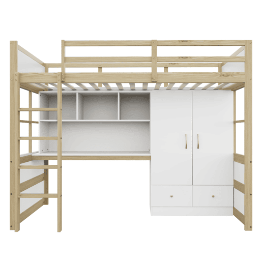 Cama alta 90x200 cm - Com escada, secretária com arrumação, armário e gavetas - Cor madeira Cama alta 90x200 cm - Com escada, secretária com arrumação, armário e gavetas - Cor madeira