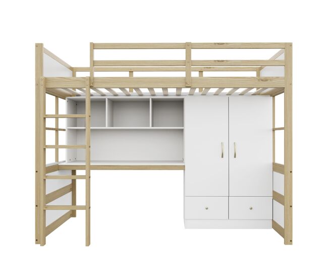 Cama alta 90x200 cm - con escalera, escritorio con almacenamiento, armario y cajones - color madera