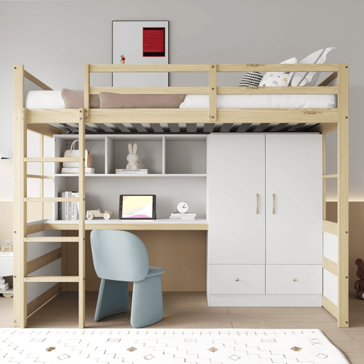 Cama alta 90x200 cm - Com escada, secretária com arrumação, armário e gavetas - Cor madeira Cama alta 90x200 cm - Com escada, secretária com arrumação, armário e gavetas - Cor madeira